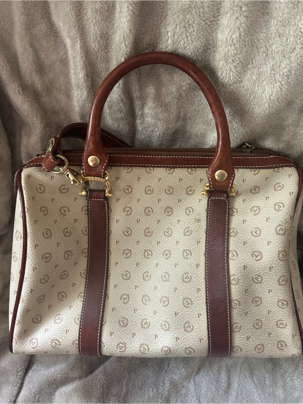 Pollini Satchel Bag Purse Brown Vintage Italian Leather Monogram Double Handle - Picture 8 of 12